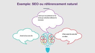Exemple: SEO ou référencement naturel
choisir les bons mots clés
assurer que vous positionnez sur les
termes que recherchent réellement les
internautes
il faut mettre les mots clés
en valeur
 