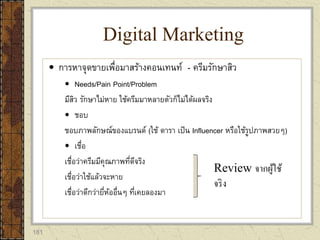 181
 การหาจุดขายเพื่อมาสร้างคอนเทนท์ - ครีมรักษาสิว
 Needs/Pain Point/Problem
มีสิว รักษาไม่หาย ใช้ครีมมาหลายตัวก็ไม่ได้ผลจริง
 ชอบ
ชอบภาพลักษณ์ของแบรนด์ (ใช้ ดารา เป็น Influencer หรือใช้รูปภาพสวยๆ)
 เชื่อ
เชื่อว่าครีมมีคุณภาพที่ดีจริง
เชื่อว่าใช้แล้วจะหาย
เชื่อว่าดีกว่ายี่ห้ออื่นๆ ที่เคยลองมา
Digital Marketing
Review จากผู้ใช้
จริง
 
