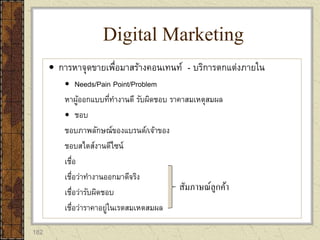182
 การหาจุดขายเพื่อมาสร้างคอนเทนท์ - บริการตกแต่งภายใน
 Needs/Pain Point/Problem
หาผู้ออกแบบที่ทางานดี รับผิดชอบ ราคาสมเหตุสมผล
 ชอบ
ชอบภาพลักษณ์ของแบรนด์/เจ้าของ
ชอบสไตส์งานดีไซน์
เชื่อ
เชื่อว่าทางานออกมาดีจริง
เชื่อว่ารับผิดชอบ
เชื่อว่าราคาอยู่ในเรตสมเหตสมผล
Digital Marketing
สัมภาษณ์ลูกค้า
 