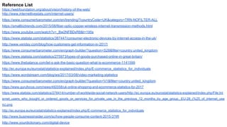 Reference List
https://webfoundation.org/about/vision/history-of-the-web/
http://www.internetlivestats.com/internet-users/
https://www.consumerbarometer.com/en/trending/?countryCode=UK&category=TRN-NOFILTER-ALL
https://smallbiztrends.com/2015/08/fiber-optic-copper-wireless-internet-transmission-methods.html
https://www.youtube.com/watch?v=_Bw2NFBDxR8&t=195s
https://www.statista.com/statistics/387447/consumer-electronic-devices-by-internet-access-in-the-uk/
http://www.veriday.com/blog/how-customers-get-information-in-2017/
https://www.consumerbarometer.com/en/graph-builder/?question=S28&filter=country:united_kingdom
https://www.statista.com/statistics/275973/types-of-goods-purchased-online-in-great-britain/
https://www.thebalance.com/let-s-ask-the-basic-question-what-is-ecommerce-1141599
http://ec.europa.eu/eurostat/statistics-explained/index.php/E-commerce_statistics_for_individuals
https://www.wordstream.com/blog/ws/2017/03/08/video-marketing-statistics
https://www.consumerbarometer.com/en/graph-builder/?question=V1&filter=country:united_kingdom
https://www.gurufocus.com/news/492058/uk-online-shopping-and-ecommerce-statistics-for-2017
https://www.statista.com/statistics/278414/number-of-worldwide-social-network-users/http://ec.europa.eu/eurostat/statistics-explained/index.php/File:Int
ernet_users_who_bought_or_ordered_goods_or_services_for_private_use_in_the_previous_12_months_by_age_group,_EU-28_(%25_of_internet_use
rs).png
http://ec.europa.eu/eurostat/statistics-explained/index.php/E-commerce_statistics_for_individuals
http://www.businessinsider.com/sc/how-people-consume-content-2015-3?IR
http://www.yourdictionary.com/digital-device
 