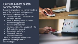 How consumers search
for information
Research on products you want or need is a
part of the customer’s buying process.
Consumers may depend on, i.e.
● Social media platforms (Instagram,
facebook, twitter)
● Word of mouth (Friends or family
member’s suggestions)
● Reviews and customer
references(tripadvisor, trustpilot, yelp)
● Relevant video content
● Promotions and offers
● Via search engines
(google/yahoo/bing)
This is to create a perception of the
products advantages and/or
disadvantages.
 