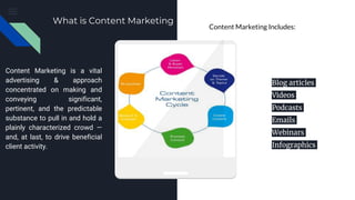 What is Content Marketing
Content Marketing is a vital
advertising & approach
concentrated on making and
conveying significant,
pertinent, and the predictable
substance to pull in and hold a
plainly characterized crowd —
and, at last, to drive beneficial
client activity.
● Blog articles
● Videos
● Podcasts
● Emails
● Webinars
● Infographics
Content Marketing Includes:
 
