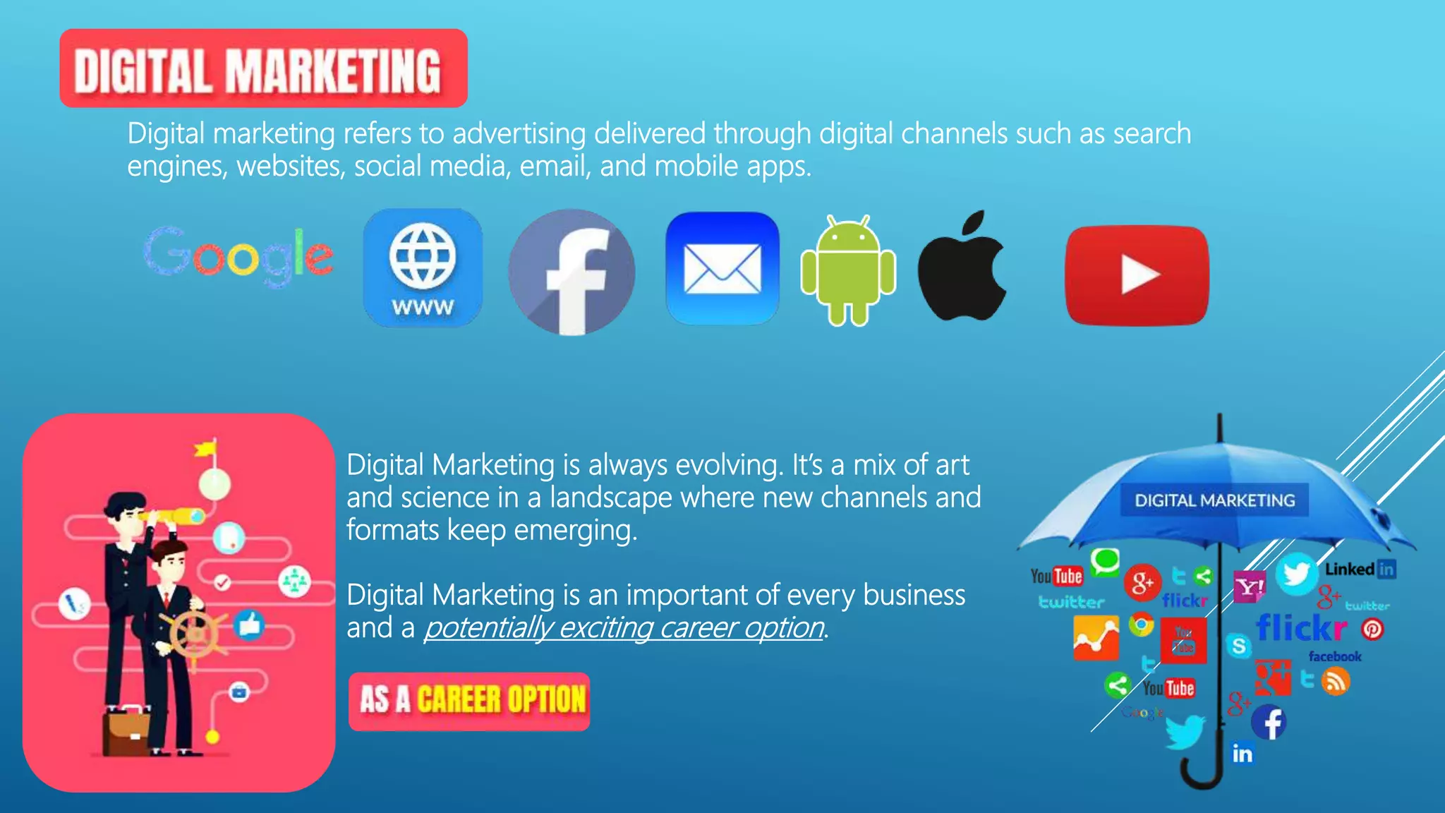 Digital Marketing is always evolving. It’s a mix of art
and science in a landscape where new channels and
formats keep emerging.
Digital Marketing is an important of every business
and a potentially exciting career option.
Digital marketing refers to advertising delivered through digital channels such as search
engines, websites, social media, email, and mobile apps.
 