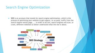 Search Engine Optimization
 SEO is an acronym that stands for search engine optimization, which is the
process of optimizing your website to get organic, or un-paid, traffic from the
search engine results page. ... In order to do this, search engines will scan, or
crawl, different websites to better understand what the site is about.
 