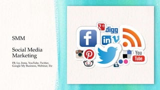 SMM
Social Media
Marketing
FB, Ln, Insta, YouTube, Twitter,
Google My Business, Webinar, Etc
 