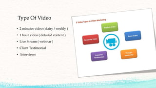 Type Of Video
• 2 minutes video ( dairy / weekly )
• 1 hour video ( detailed content )
• Live Stream ( webinar )
• Client Testimonial
• Interviews
 
