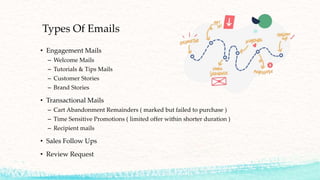 Types Of Emails
• Engagement Mails
– Welcome Mails
– Tutorials & Tips Mails
– Customer Stories
– Brand Stories
• Transactional Mails
– Cart Abandonment Remainders ( marked but failed to purchase )
– Time Sensitive Promotions ( limited offer within shorter duration )
– Recipient mails
• Sales Follow Ups
• Review Request
 