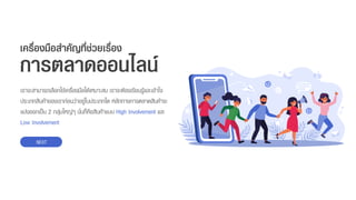 การตลาดออนไลน์
เรำจะสำมำรถเลือกใช้เครื่องมือได้เหมำะสม เรำจะต้องเรียนรู้และเข้ำใจ
ประเภทสินค้ำของเรำก่อนว่ำอยู่ในประเภทใด หลักทำงกำรตลำดสินค้ำจะ
แบ่งออกเป็น 2 กลุ่มใหญ่ๆ นั่นก็คือสินค้ำแบบ High Involvement และ
Low Involvement
NEXT
เครื่องมือสาคัญที่ช่วยเรื่อง
 