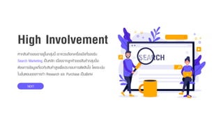 หำกสินค้ำของเรำอยู่ในกลุ่มนี้ เรำควรเลือกเครื่องมือที่รองรับ
Search Marketing เป็นหลัก เนื่องจำกลูกค้ำของสินค้ำกลุ่มนี้จะ
ต้องกำรข้อมูลเกี่ยวกับสินค้ำสูงเพื่อประกอบกำรตัดสินใจ โดยจะเน้น
ในขั้นตอนของกำรทำ Research และ Purchase เป็นพิเศษ
High Involvement
NEXT
 