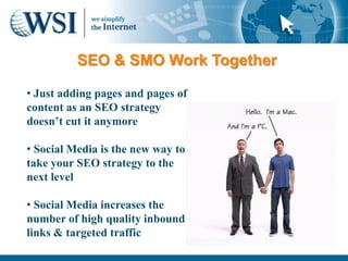 SEO & SMO Work Together

• Just adding pages and pages of
content as an SEO strategy
doesn‟t cut it anymore

• Social Media is the new way to
take your SEO strategy to the
next level

• Social Media increases the
number of high quality inbound
links & targeted traffic
 