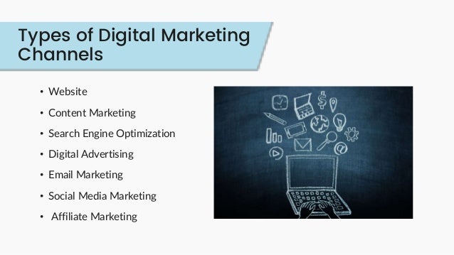 Types of Digital Marketing
Channels
• Website
• Content Marketing
• Search Engine Optimization
• Digital Advertising
• Email Marketing
• Social Media Marketing
• Affiliate Marketing
 
