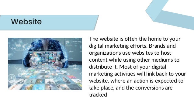 The website is often the home to your
digital marketing efforts. Brands and
organizations use websites to host
content while using other mediums to
distribute it. Most of your digital
marketing activities will link back to your
website, where an action is expected to
take place, and the conversions are
tracked
Website
 