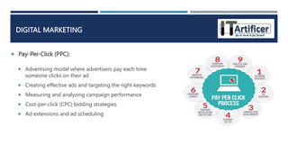  Pay-Per-Click (PPC):
DIGITAL MARKETING
 Advertising model where advertisers pay each time
someone clicks on their ad
 Creating effective ads and targeting the right keywords
 Measuring and analyzing campaign performance
 Cost-per-click (CPC) bidding strategies
 Ad extensions and ad scheduling
 
