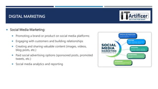  Social Media Marketing:
DIGITAL MARKETING
 Promoting a brand or product on social media platforms
 Engaging with customers and building relationships
 Creating and sharing valuable content (images, videos,
blog posts, etc.)
 Paid social advertising options (sponsored posts, promoted
tweets, etc.)
 Social media analytics and reporting
 