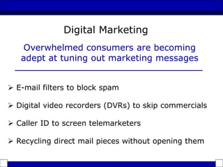 Overwhelmed consumers are becoming
adept at tuning out marketing messages
 E-mail filters to block spam
 Digital video recorders (DVRs) to skip commercials
 Caller ID to screen telemarketers
 Recycling direct mail pieces without opening them
Digital Marketing
 