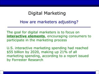The goal for digital marketers is to focus on
interactive elements, encouraging consumers to
participate in the marketing process
U.S. interactive marketing spending had reached
$55 billion by 2020, making up 21% of all
marketing spending, according to a report issued
by Forrester Research
How are marketers adjusting?
Digital Marketing
 