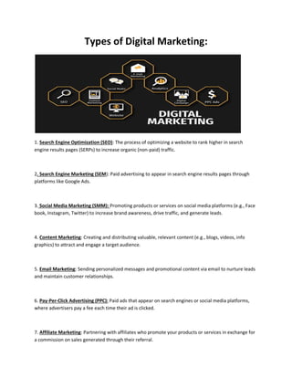 Types of Digital Marketing:
1. Search Engine Optimization (SEO): The process of optimizing a website to rank higher in search
engine results pages (SERPs) to increase organic (non-paid) traffic.
2. Search Engine Marketing (SEM): Paid advertising to appear in search engine results pages through
platforms like Google Ads.
3. Social Media Marketing (SMM): Promoting products or services on social media platforms (e.g., Face
book, Instagram, Twitter) to increase brand awareness, drive traffic, and generate leads.
4. Content Marketing: Creating and distributing valuable, relevant content (e.g., blogs, videos, info
graphics) to attract and engage a target audience.
5. Email Marketing: Sending personalized messages and promotional content via email to nurture leads
and maintain customer relationships.
6. Pay-Per-Click Advertising (PPC): Paid ads that appear on search engines or social media platforms,
where advertisers pay a fee each time their ad is clicked.
7. Affiliate Marketing: Partnering with affiliates who promote your products or services in exchange for
a commission on sales generated through their referral.
 