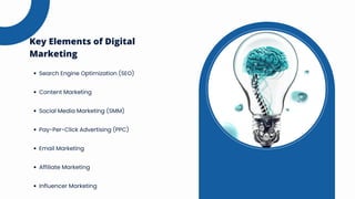 Key Elements of Digital
Marketing
Search Engine Optimization (SEO)
Content Marketing
Social Media Marketing (SMM)
Pay-Per-Click Advertising (PPC)
Email Marketing
Affiliate Marketing
Influencer Marketing
 