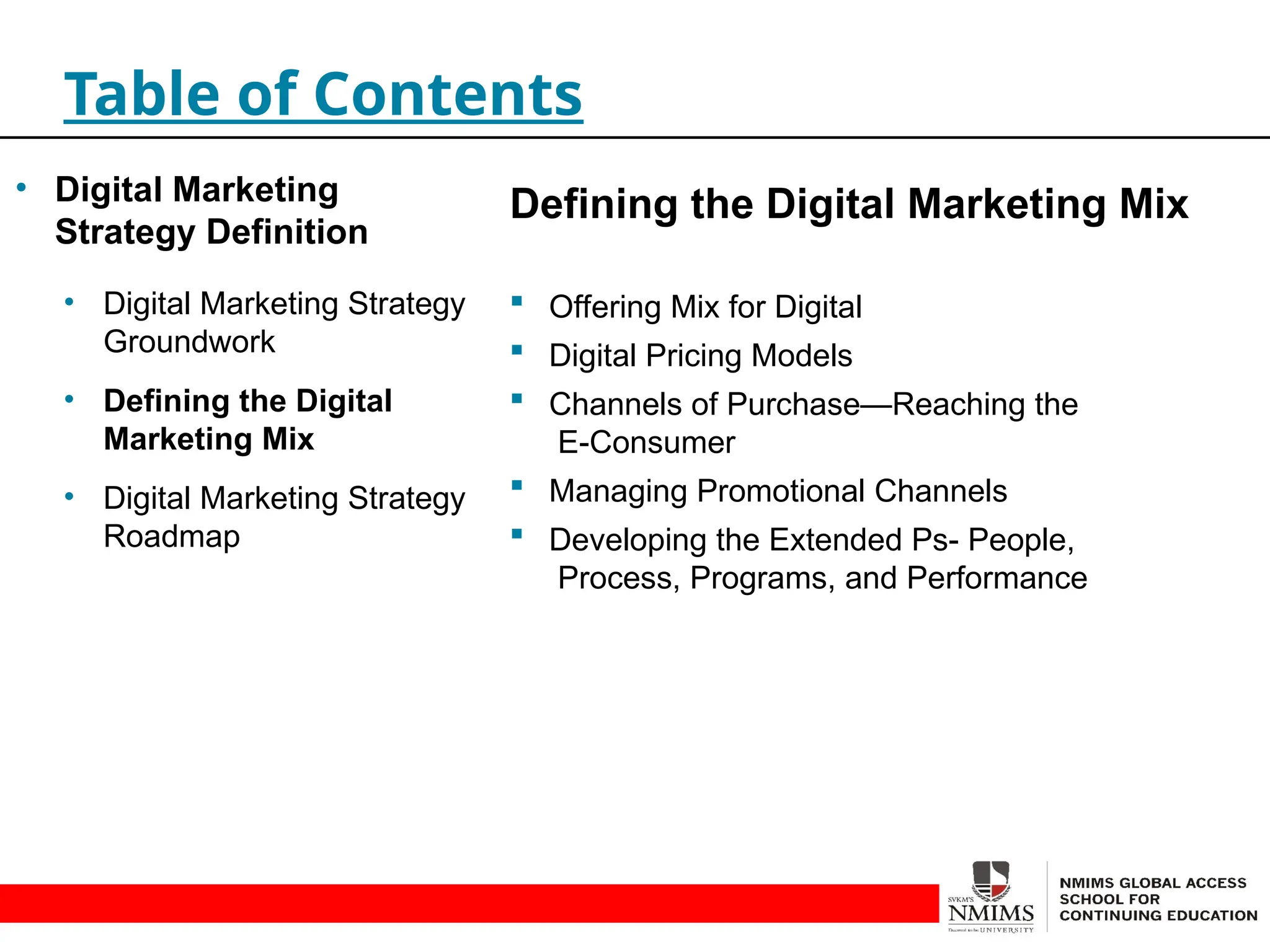 Defining the Digital Marketing Mix
 Offering Mix for Digital
 Digital Pricing Models
 Channels of Purchase—Reaching the
E-Consumer
 Managing Promotional Channels
 Developing the Extended Ps- People,
Process, Programs, and Performance
Table of Contents
• Digital Marketing
Strategy Definition
• Digital Marketing Strategy
Groundwork
• Defining the Digital
Marketing Mix
• Digital Marketing Strategy
Roadmap
 