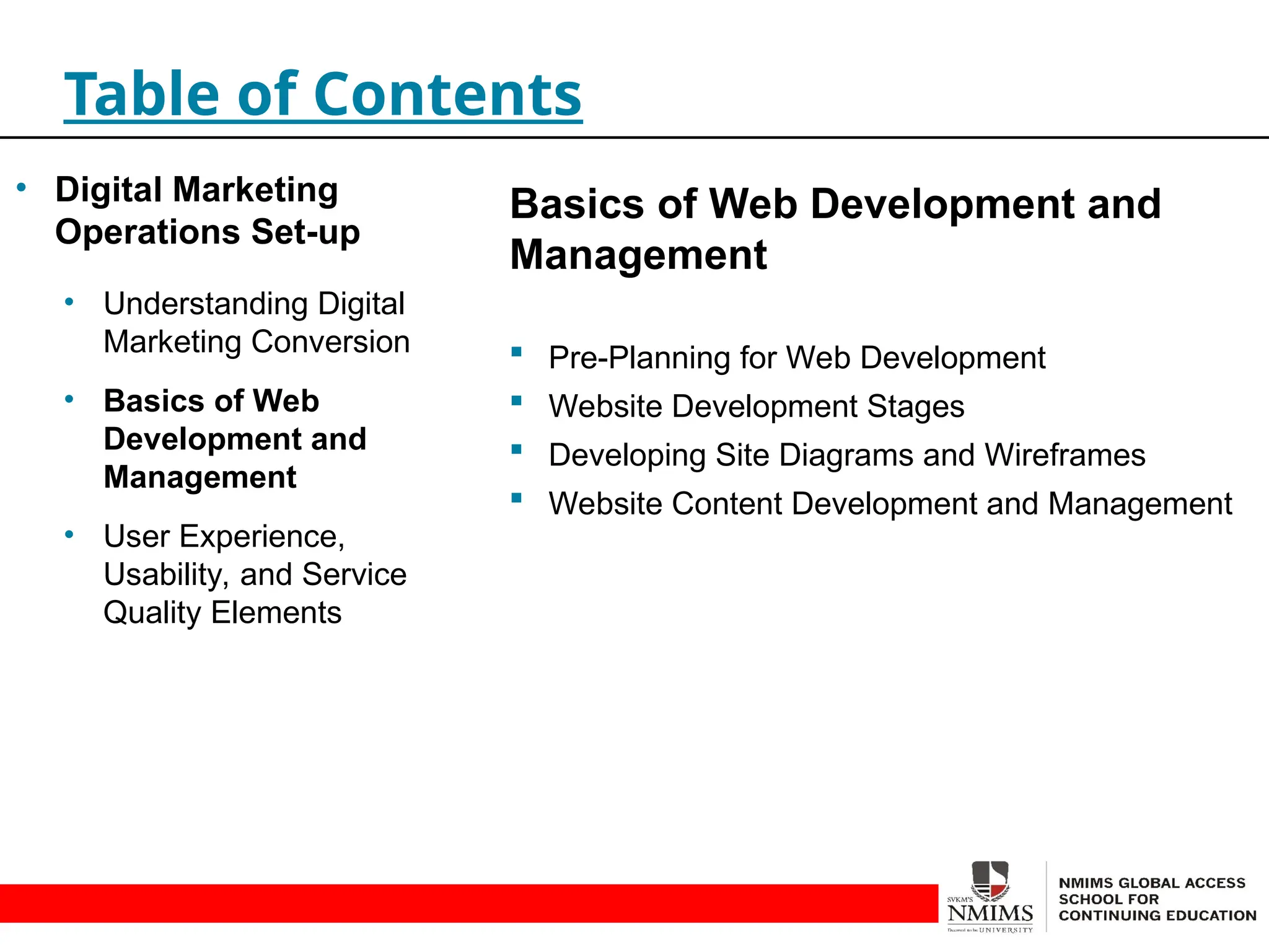 Basics of Web Development and
Management
 Pre-Planning for Web Development
 Website Development Stages
 Developing Site Diagrams and Wireframes
 Website Content Development and Management
Table of Contents
• Digital Marketing
Operations Set-up
• Understanding Digital
Marketing Conversion
• Basics of Web
Development and
Management
• User Experience,
Usability, and Service
Quality Elements
 