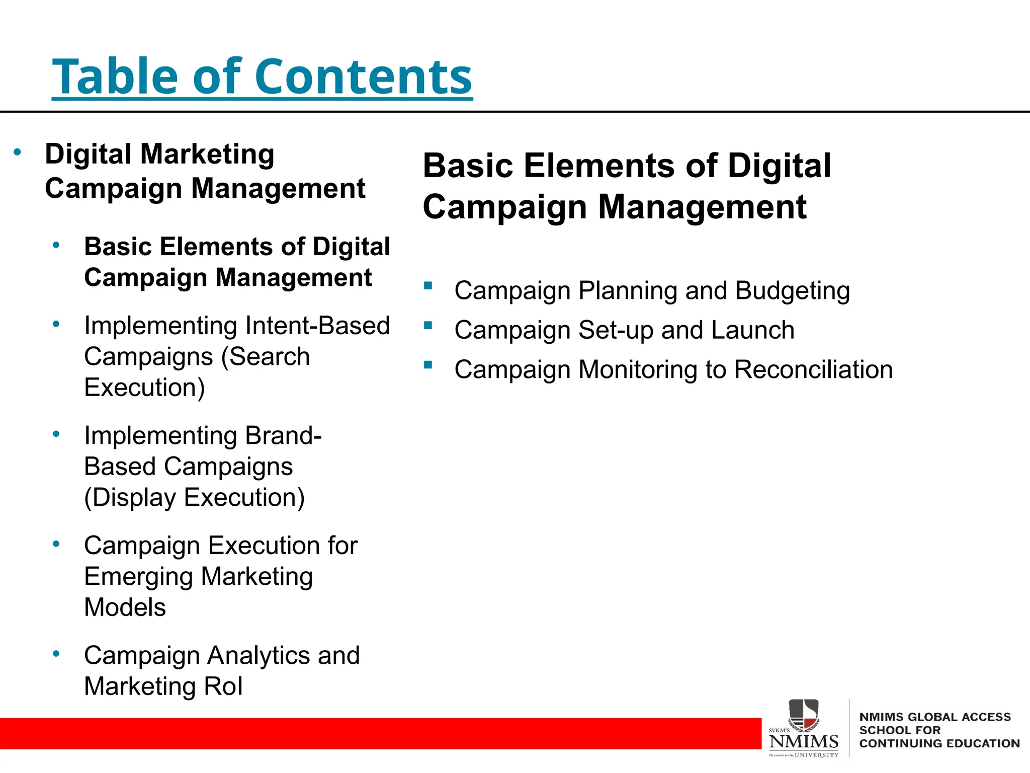 Basic Elements of Digital
Campaign Management
 Campaign Planning and Budgeting
 Campaign Set-up and Launch
 Campaign Monitoring to Reconciliation
Table of Contents
• Digital Marketing
Campaign Management
• Basic Elements of Digital
Campaign Management
• Implementing Intent-Based
Campaigns (Search
Execution)
• Implementing Brand-
Based Campaigns
(Display Execution)
• Campaign Execution for
Emerging Marketing
Models
• Campaign Analytics and
Marketing RoI
 