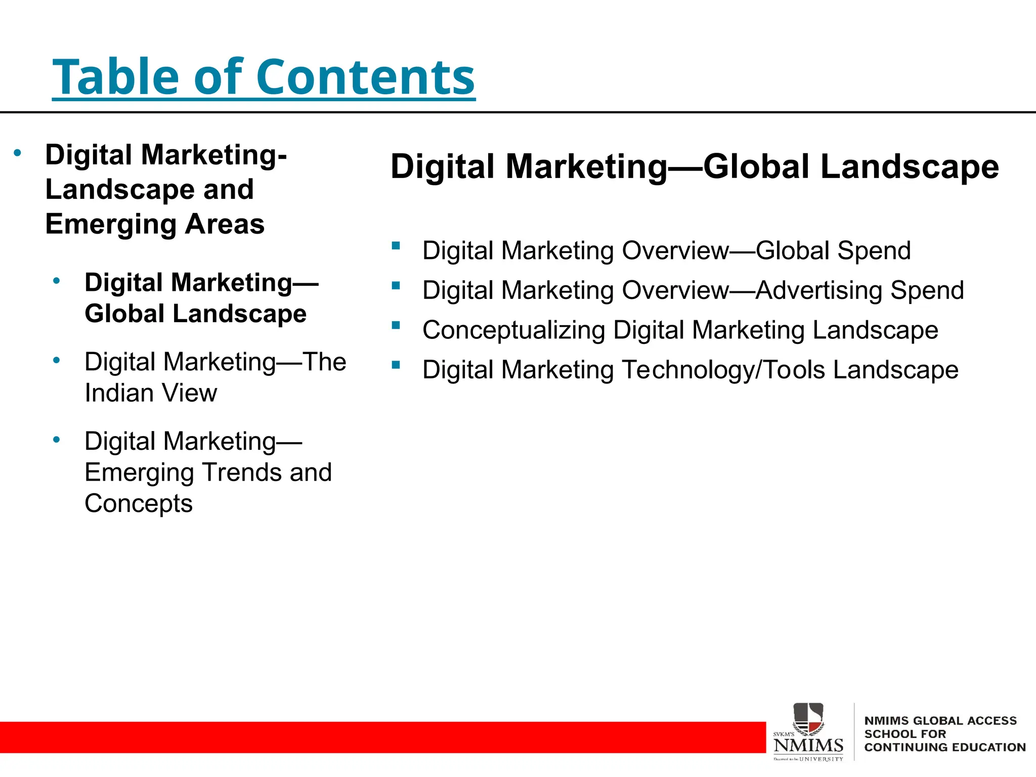 Digital Marketing—Global Landscape
 Digital Marketing Overview—Global Spend
 Digital Marketing Overview—Advertising Spend
 Conceptualizing Digital Marketing Landscape
 Digital Marketing Technology/Tools Landscape
Table of Contents
• Digital Marketing-
Landscape and
Emerging Areas
• Digital Marketing—
Global Landscape
• Digital Marketing—The
Indian View
• Digital Marketing—
Emerging Trends and
Concepts
 