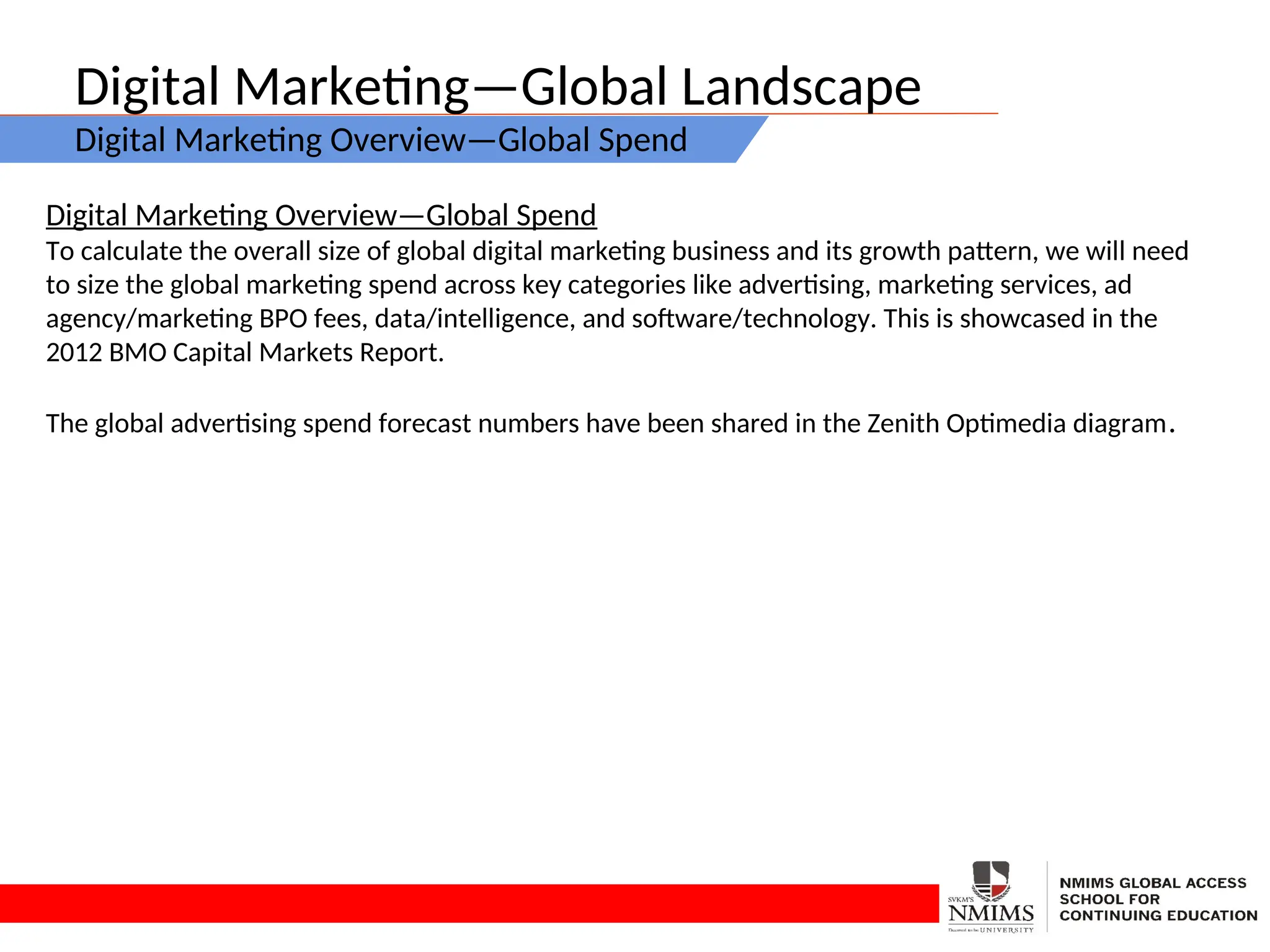 Digital Marketing—Global Landscape
Digital Marketing Overview—Global Spend
Digital Marketing Overview—Global Spend
To calculate the overall size of global digital marketing business and its growth pattern, we will need
to size the global marketing spend across key categories like advertising, marketing services, ad
agency/marketing BPO fees, data/intelligence, and software/technology. This is showcased in the
2012 BMO Capital Markets Report.
The global advertising spend forecast numbers have been shared in the Zenith Optimedia diagram.
 