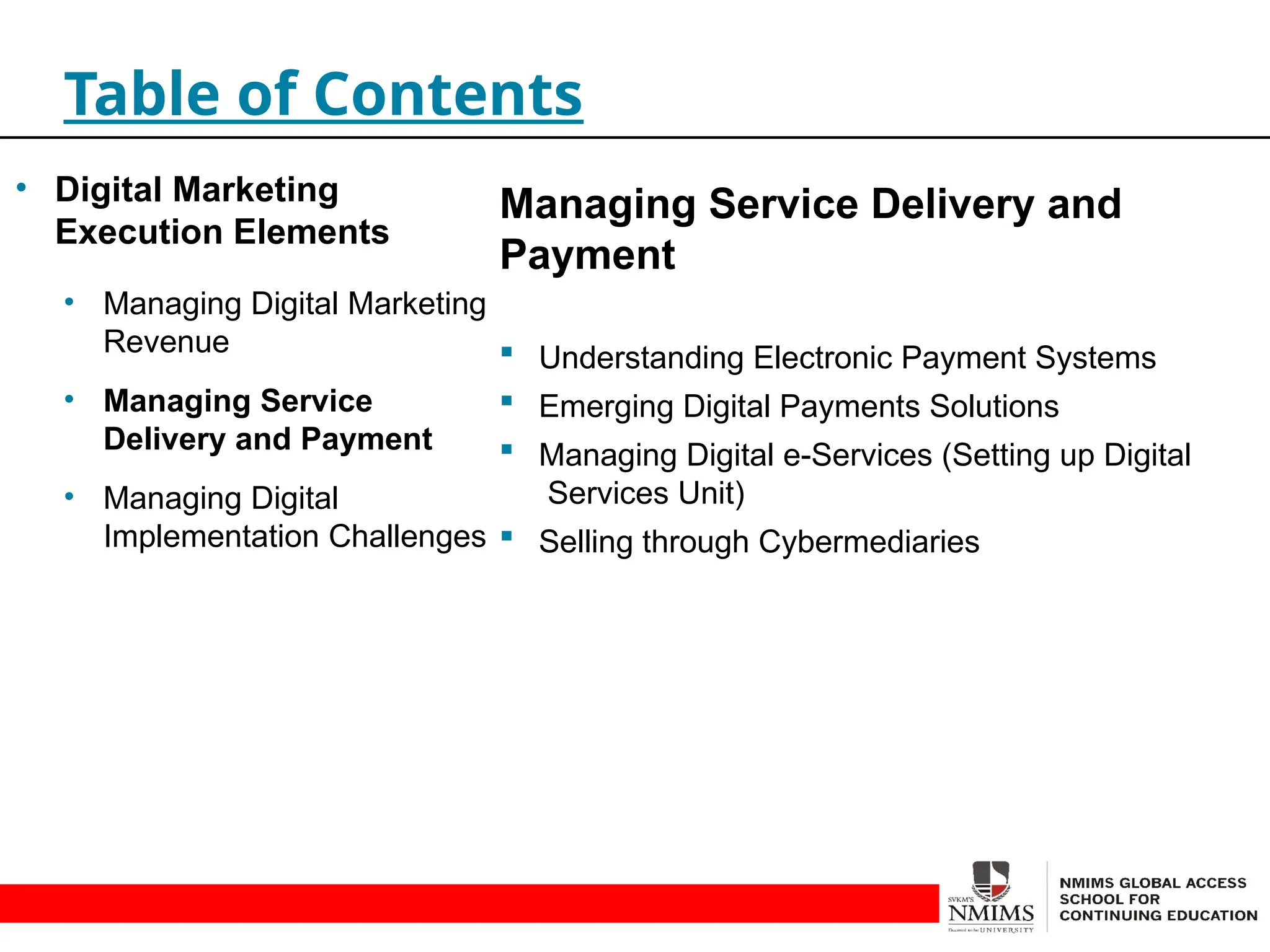 Managing Service Delivery and
Payment
 Understanding Electronic Payment Systems
 Emerging Digital Payments Solutions
 Managing Digital e-Services (Setting up Digital
Services Unit)
 Selling through Cybermediaries
Table of Contents
• Digital Marketing
Execution Elements
• Managing Digital Marketing
Revenue
• Managing Service
Delivery and Payment
• Managing Digital
Implementation Challenges
 