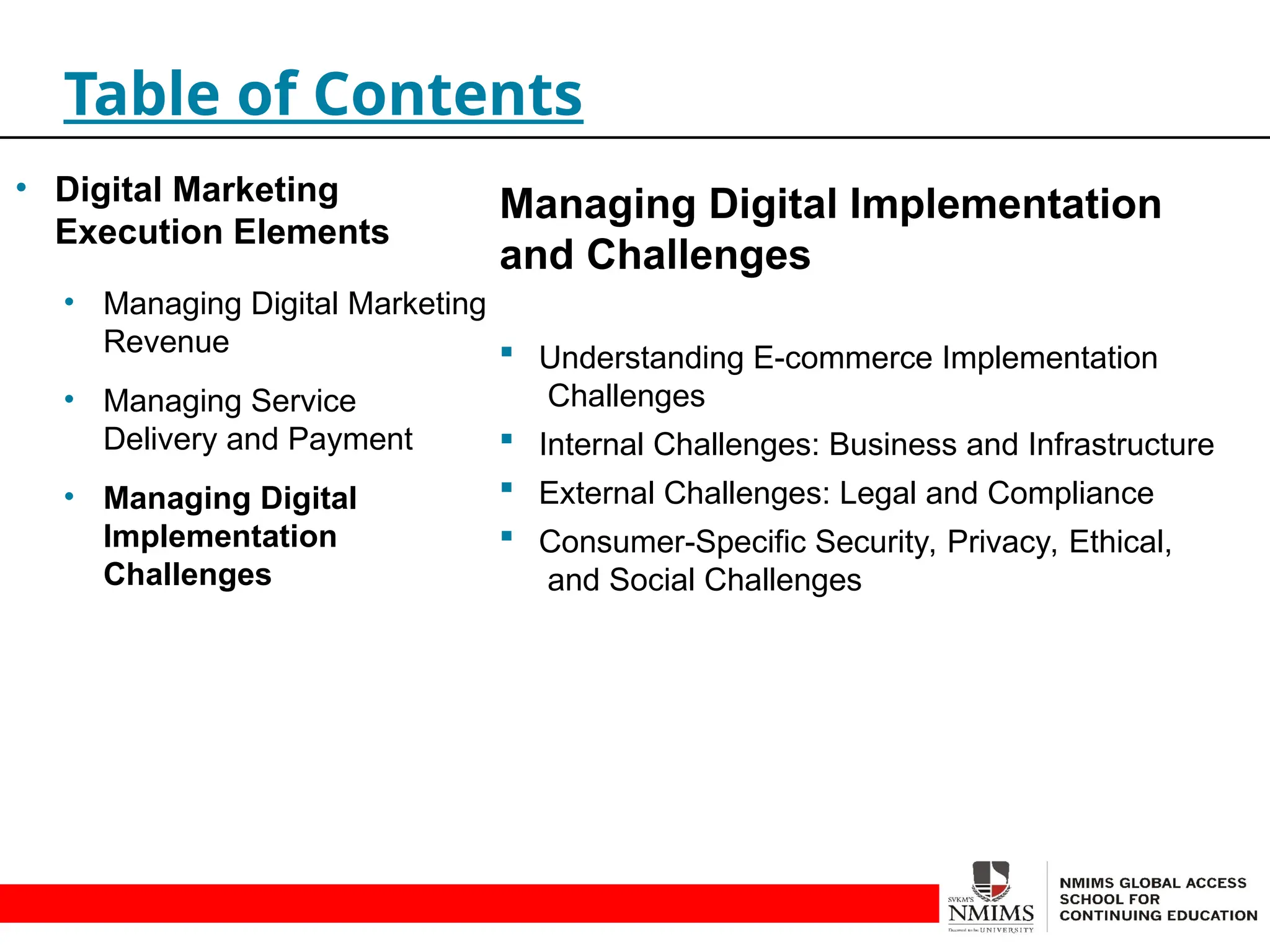 Managing Digital Implementation
and Challenges
 Understanding E-commerce Implementation
Challenges
 Internal Challenges: Business and Infrastructure
 External Challenges: Legal and Compliance
 Consumer-Specific Security, Privacy, Ethical,
and Social Challenges
Table of Contents
• Digital Marketing
Execution Elements
• Managing Digital Marketing
Revenue
• Managing Service
Delivery and Payment
• Managing Digital
Implementation
Challenges
 