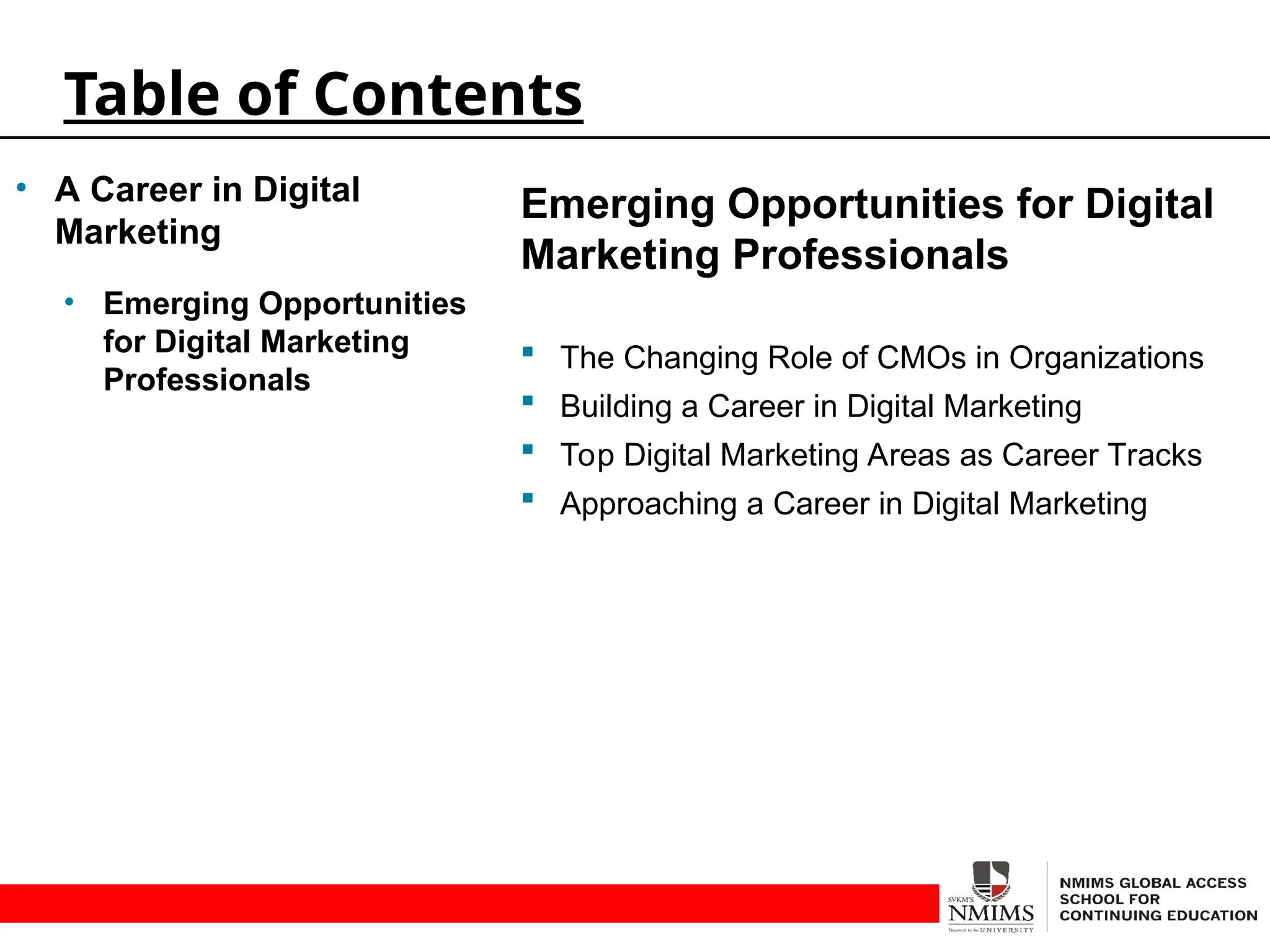 Emerging Opportunities for Digital
Marketing Professionals
 The Changing Role of CMOs in Organizations
 Building a Career in Digital Marketing
 Top Digital Marketing Areas as Career Tracks
 Approaching a Career in Digital Marketing
Table of Contents
• A Career in Digital
Marketing
• Emerging Opportunities
for Digital Marketing
Professionals
 