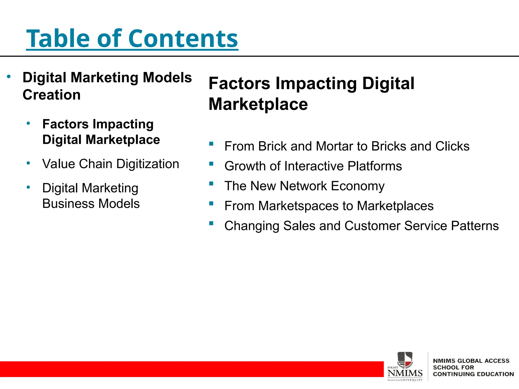 Factors Impacting Digital
Marketplace
 From Brick and Mortar to Bricks and Clicks
 Growth of Interactive Platforms
 The New Network Economy
 From Marketspaces to Marketplaces
 Changing Sales and Customer Service Patterns
Table of Contents
• Digital Marketing Models
Creation
• Factors Impacting
Digital Marketplace
• Value Chain Digitization
• Digital Marketing
Business Models
 