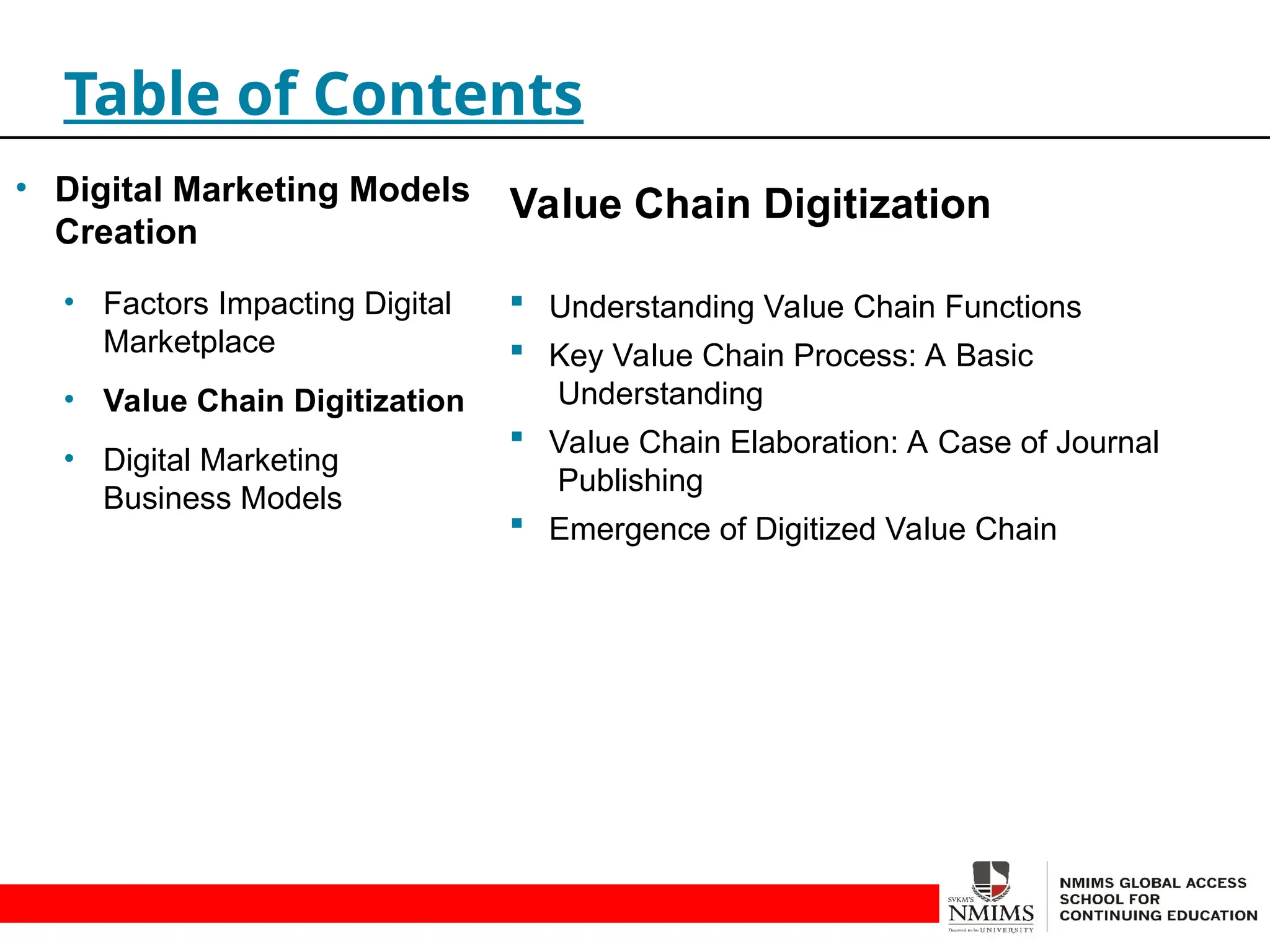 Value Chain Digitization
 Understanding Value Chain Functions
 Key Value Chain Process: A Basic
Understanding
 Value Chain Elaboration: A Case of Journal
Publishing
 Emergence of Digitized Value Chain
Table of Contents
• Digital Marketing Models
Creation
• Factors Impacting Digital
Marketplace
• Value Chain Digitization
• Digital Marketing
Business Models
 