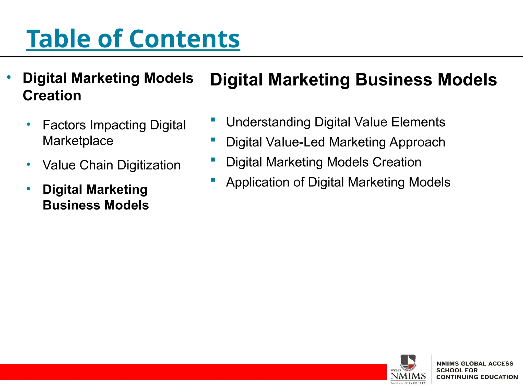 Digital Marketing Business Models
 Understanding Digital Value Elements
 Digital Value-Led Marketing Approach
 Digital Marketing Models Creation
 Application of Digital Marketing Models
Table of Contents
• Digital Marketing Models
Creation
• Factors Impacting Digital
Marketplace
• Value Chain Digitization
• Digital Marketing
Business Models
 