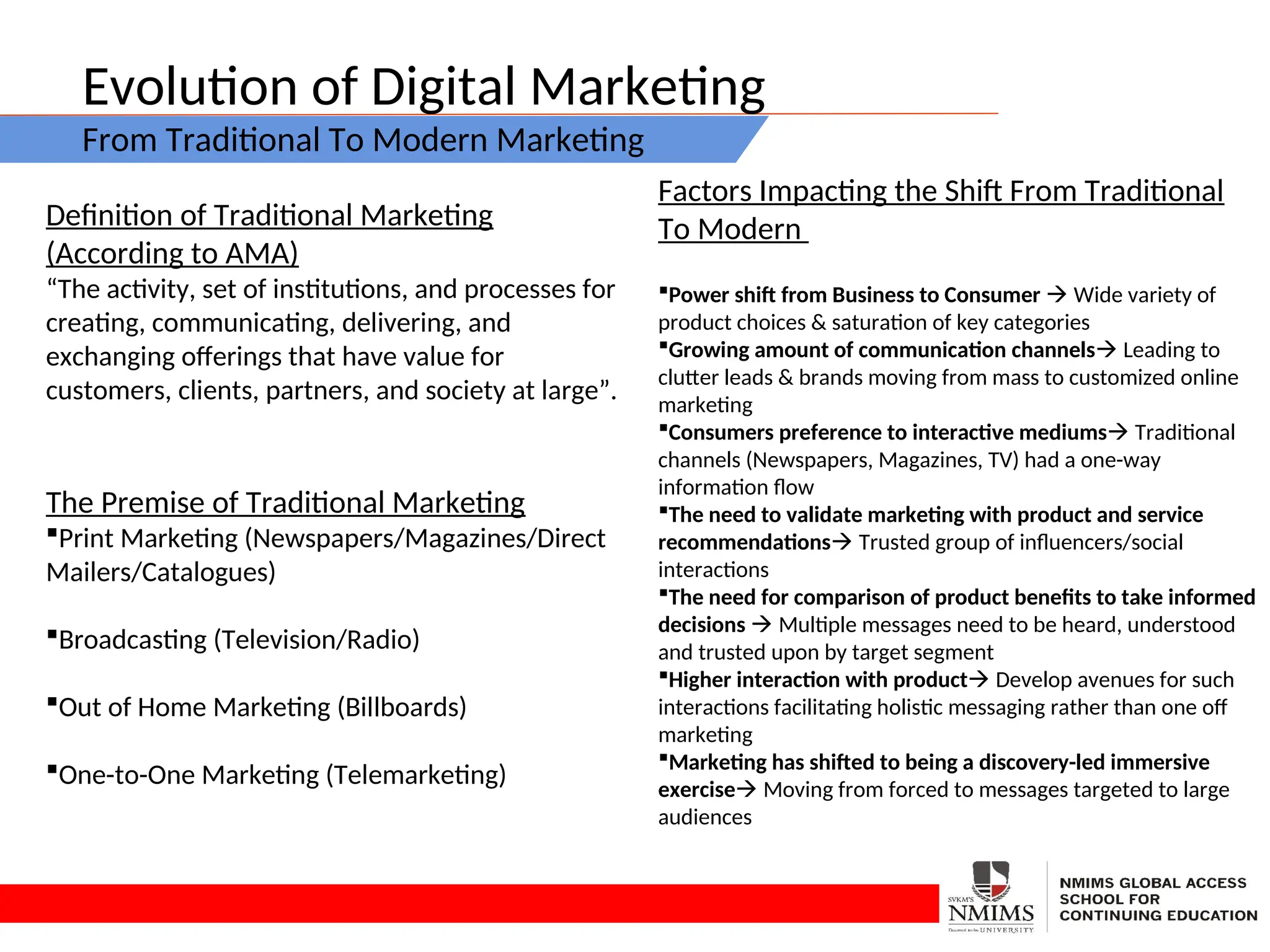 Evolution of Digital Marketing
From Traditional To Modern Marketing
Definition of Traditional Marketing
(According to AMA)
“The activity, set of institutions, and processes for
creating, communicating, delivering, and
exchanging offerings that have value for
customers, clients, partners, and society at large”.
The Premise of Traditional Marketing
Print Marketing (Newspapers/Magazines/Direct
Mailers/Catalogues)
Broadcasting (Television/Radio)
Out of Home Marketing (Billboards)
One-to-One Marketing (Telemarketing)
Factors Impacting the Shift From Traditional
To Modern
Power shift from Business to Consumer  Wide variety of
product choices & saturation of key categories
Growing amount of communication channels Leading to
clutter leads & brands moving from mass to customized online
marketing
Consumers preference to interactive mediums Traditional
channels (Newspapers, Magazines, TV) had a one-way
information flow
The need to validate marketing with product and service
recommendations Trusted group of influencers/social
interactions
The need for comparison of product benefits to take informed
decisions  Multiple messages need to be heard, understood
and trusted upon by target segment
Higher interaction with product Develop avenues for such
interactions facilitating holistic messaging rather than one off
marketing
Marketing has shifted to being a discovery-led immersive
exercise Moving from forced to messages targeted to large
audiences
 