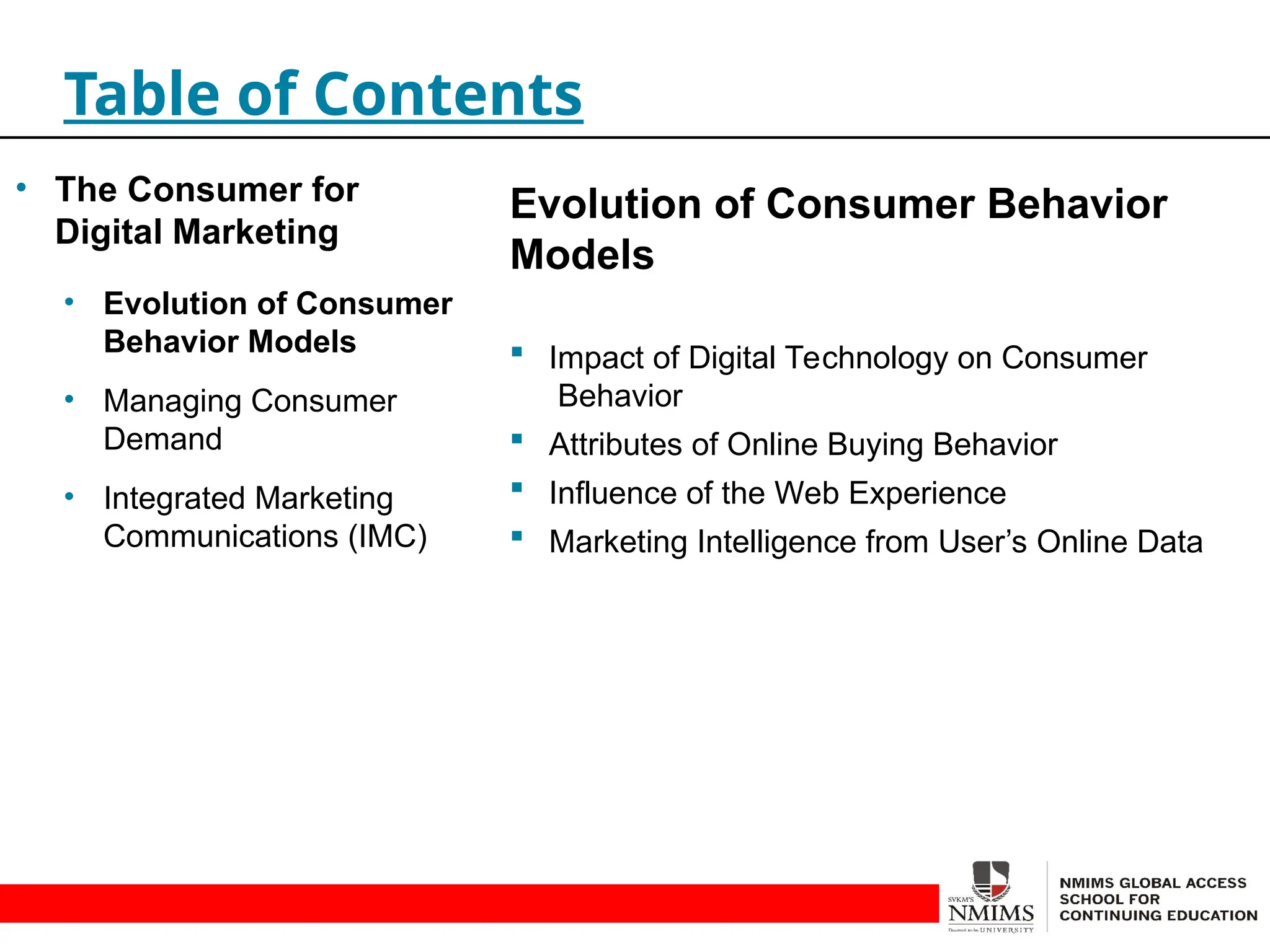 Evolution of Consumer Behavior
Models
 Impact of Digital Technology on Consumer
Behavior
 Attributes of Online Buying Behavior
 Influence of the Web Experience
 Marketing Intelligence from User’s Online Data
Table of Contents
• The Consumer for
Digital Marketing
• Evolution of Consumer
Behavior Models
• Managing Consumer
Demand
• Integrated Marketing
Communications (IMC)
 