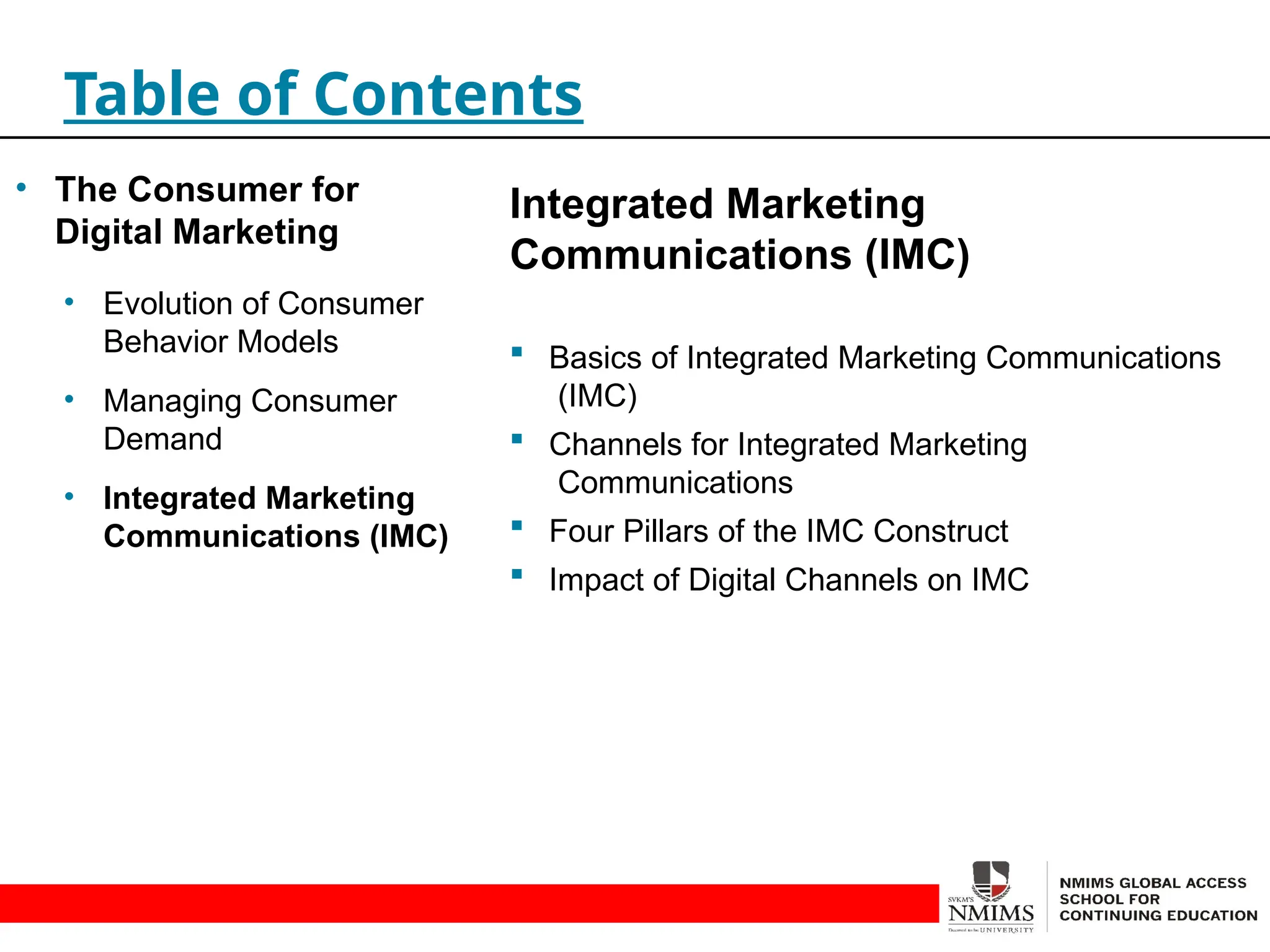 Integrated Marketing
Communications (IMC)
 Basics of Integrated Marketing Communications
(IMC)
 Channels for Integrated Marketing
Communications
 Four Pillars of the IMC Construct
 Impact of Digital Channels on IMC
Table of Contents
• The Consumer for
Digital Marketing
• Evolution of Consumer
Behavior Models
• Managing Consumer
Demand
• Integrated Marketing
Communications (IMC)
 