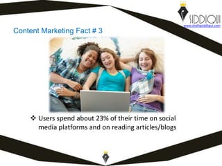 www.shafiqsiddiqui.com
 Users spend about 23% of their time on social
media platforms and on reading articles/blogs
Content Marketing Fact # 3
 