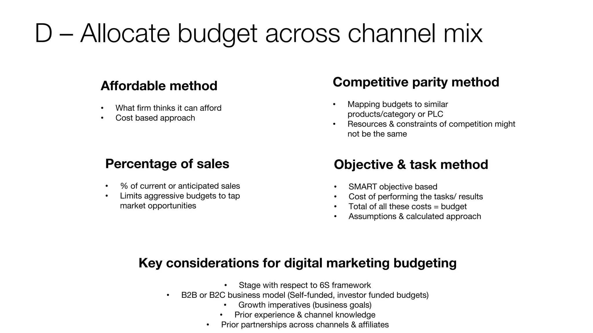 D – Allocate budget across channel mix
Affordable method
• What firm thinks it can afford
• Cost based approach
Percentage of sales
• % of current or anticipated sales
• Limits aggressive budgets to tap
market opportunities
Competitive parity method
• Mapping budgets to similar
products/category or PLC
• Resources & constraints of competition might
not be the same
Objective & task method
• SMART objective based
• Cost of performing the tasks/ results
• Total of all these costs = budget
• Assumptions & calculated approach
Key considerations for digital marketing budgeting
• Stage with respect to 6S framework
• B2B or B2C business model (Self-funded, investor funded budgets)
• Growth imperatives (business goals)
• Prior experience & channel knowledge
• Prior partnerships across channels & affiliates
 