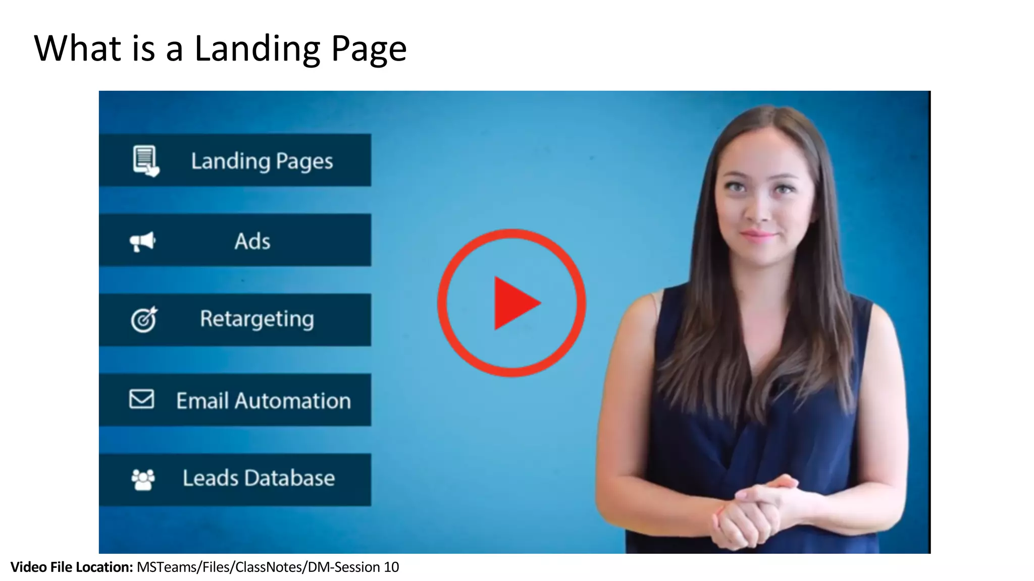 Video File Location: MSTeams/Files/ClassNotes/DM-Session 10
What is a Landing Page
 