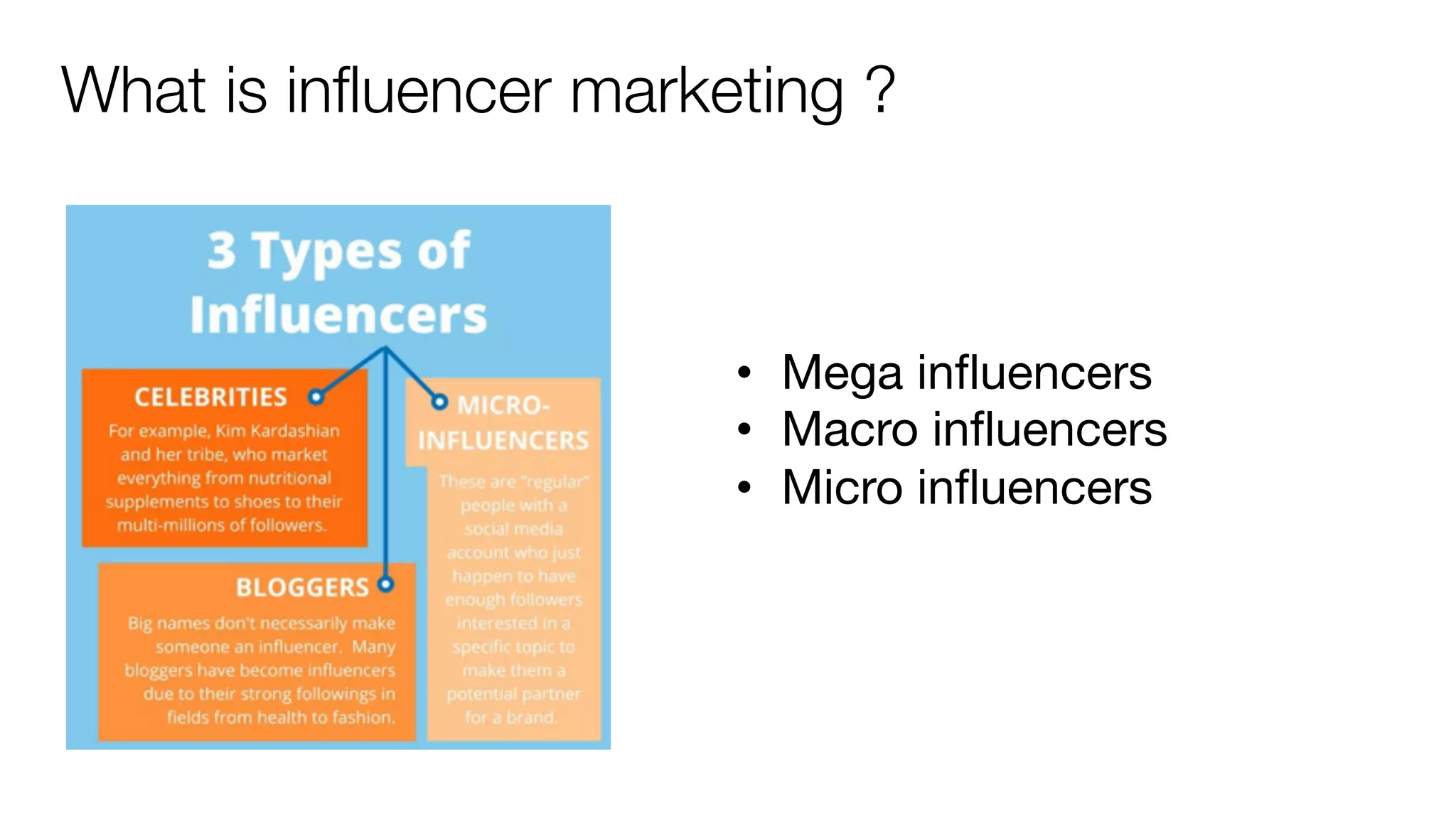 What is influencer marketing ?
• Mega influencers
• Macro influencers
• Micro influencers
 