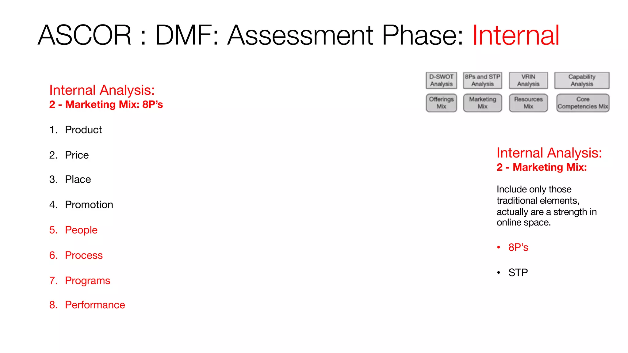 ASCOR : DMF: Assessment Phase: Internal
Internal Analysis:
2 - Marketing Mix:
Include only those
traditional elements,
actually are a strength in
online space.
• 8P’s
• STP
Internal Analysis:
2 - Marketing Mix: 8P’s
1. Product
2. Price
3. Place
4. Promotion
5. People
6. Process
7. Programs
8. Performance
 