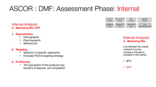 ASCOR : DMF: Assessment Phase: Internal
Internal Analysis:
2 - Marketing Mix:
Link between the overall
market & how the
co...
