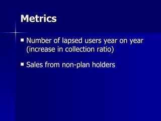 Metrics  Number of lapsed users year on year (increase in collection ratio) Sales from non-plan holders 