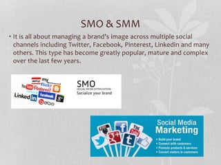 SMO & SMM
• It is all about managing a brand’s image across multiple social
channels including Twitter, Facebook, Pinterest, Linkedin and many
others. This type has become greatly popular, mature and complex
over the last few years.
 