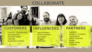 COLLABORATE
CUSTOMERS INFLUENCERS PARTNERS
• Common characteristics
• Demographics
• Technical ability
• Interests
• Geographic location
• Staff members
• Family members
• Journalists
• Bloggers
• Politicians
• Suppliers
• Funders / investors
• Competitors
• Allied industries
• Bodies
• Public sector
• Charities
 