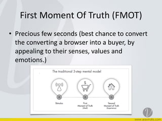 First	
  Moment	
  Of	
  Truth	
  (FMOT)
• Precious	
  few	
  seconds	
  (best	
  chance	
  to	
  convert	
  
the	
  converting	
  a	
  browser	
  into	
  a	
  buyer,	
  by	
  
appealing	
  to	
  their	
  senses,	
  values	
  and	
  
emotions.)
 