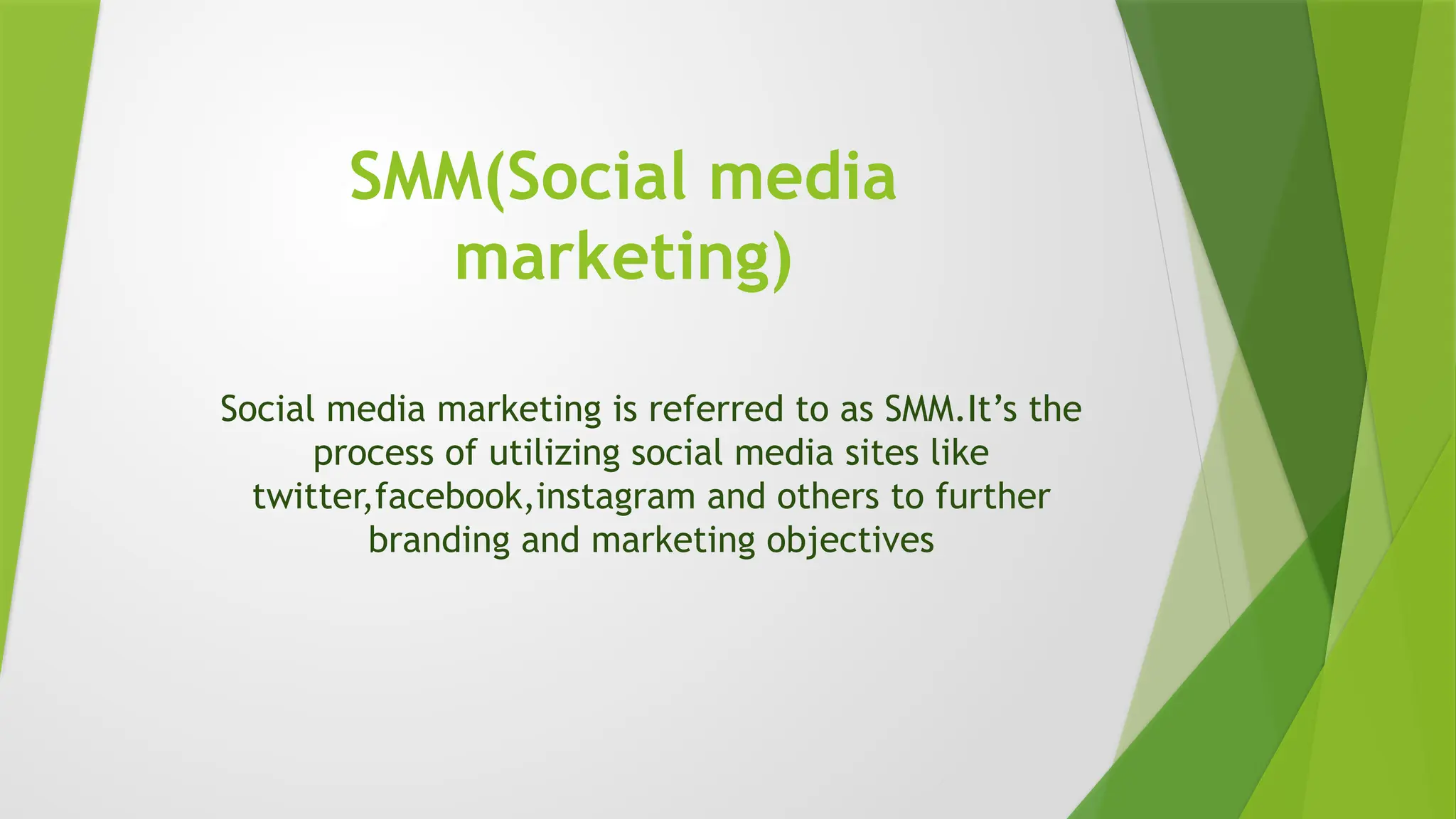 SMM(Social media
marketing)
Social media marketing is referred to as SMM.It’s the
process of utilizing social media sites like
twitter,facebook,instagram and others to further
branding and marketing objectives