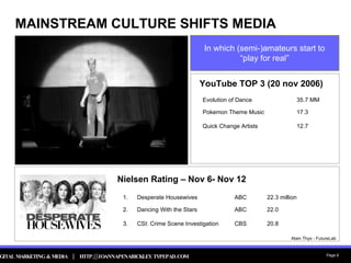 MAINSTREAM CULTURE SHIFTS MEDIA Nielsen Rating – Nov 6- Nov 12 YouTube TOP 3 (20 nov 2006) In which (semi-)amateurs start to “play for real” Alain Thys - FutureLab 20.8 CBS CSI: Crime Scene Investigation  3. 22.0 ABC Dancing With the Stars  2. 22.3 million ABC Desperate Housewives 1. 12.7 Quick Change Artists  17.3 Pokemon Theme Music  35.7 MM Evolution of Dance 