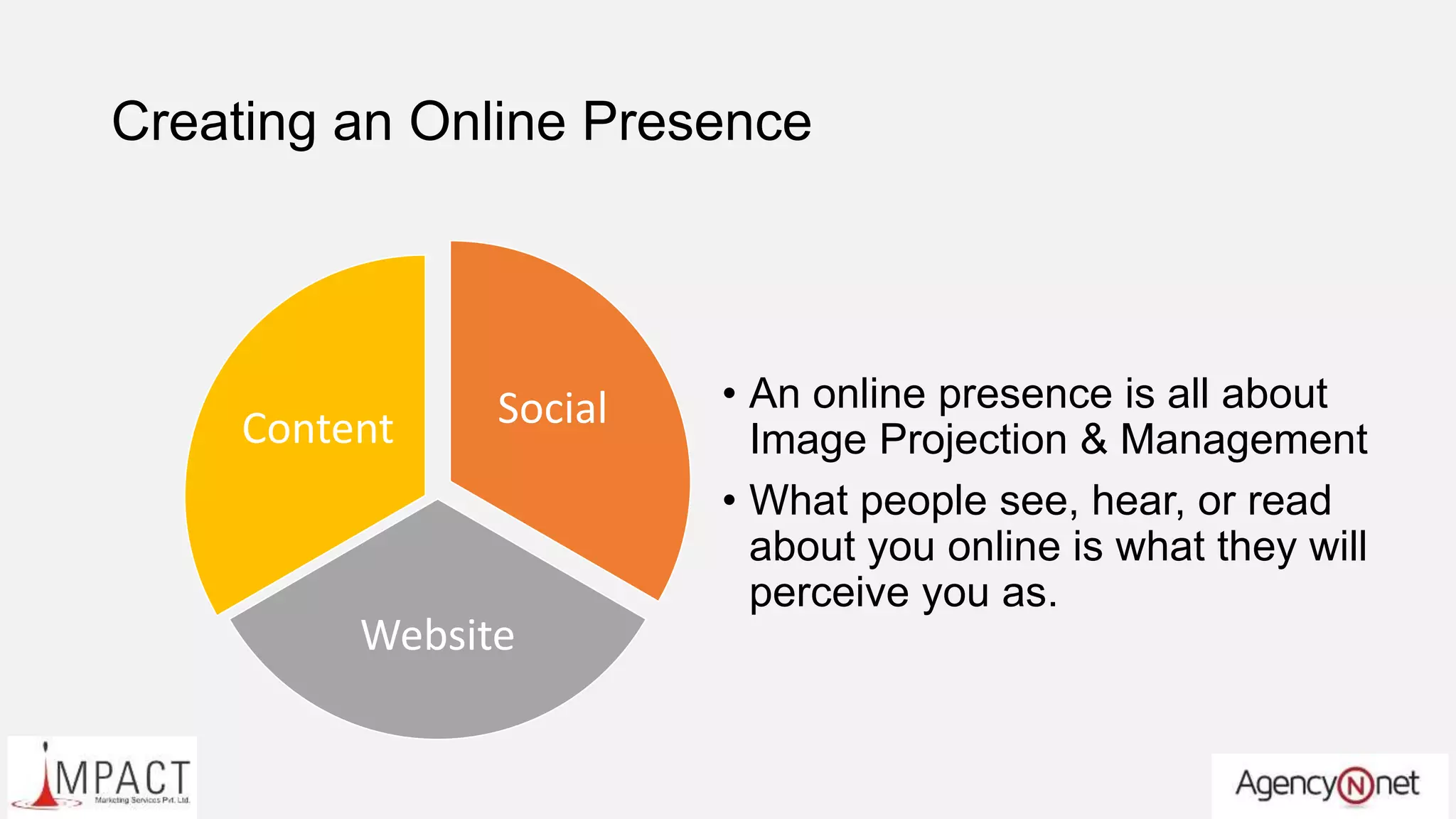 Creating an Online Presence
Social
Website
Content
• An online presence is all about
Image Projection & Management
• What people see, hear, or read
about you online is what they will
perceive you as.
 