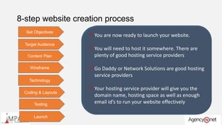 8-step website creation process
Target Audience
 Who is the Target Audience for your website?
 What are the demographics of your target
audience?
 Males? Women? Young adults? Children ?
 What are the psychographic profile of your target
audience?
 Early adopters? Opinion leaders? Late
Laggards?
 Give 5 key reasons for your target audience to
visit your website?
 Your content plan & layout will be influenced
by these reasons
Set Objectives  The website is fundamentally your most important business
development representative
 He works 24 x 7, 365 days.
 You don’t have to pay him anything
 Why do you think users will primarily come to the website ?
 For Information? For Help? To buy ?
 When I meet my customer face to face am I sharing some
additional information that is not going to be on my site?
 Am I selling a product or a service? What aspect of my product or
service carries most weight to my customer?
 What do I hope to achieve by creating a website?
 Sales?
 Leads?
 Support ?
 Information?
Content Plan
 Define the content that will go into your website ?
 The content is to be planned basis what you want your website to
primarily achieve
 Is the content available in-house? Or would you need it to be
created?
 Will the content change over time? How frequently will it
change? What will change in your content?
 Answers to this will define your content requirements for your
site as well as your monthly maintaience costs .
Wireframe
 Wire framing is the process by which the overall
layout of the site is defined before one gets into
expensive designing and lay outing.
 It helps both programmers, designers and clients
to understand the overall flow of the website and
the content requirements
 Wire framing also helps designers and coders to
work independent of each other thereby cutting
down time considerably.
 There are several tools that help in creating
wireframes easily.
Technology
 Define the Technology that would be used for
the website.
 Would you be using a CMS system? Ideally you
should unless you do not intend to do any
changes on your site!
 Would you be creating and storing information ?
You would need to integrate a database within
your website in this case.
 Dot Net is the most common & widely used
technology in creating websites.Coding & Layouts
 Once you’re Wire Frame is approved, you can
move into the actual programming and Coding of
the website.
 If you are creating a simple website, it’s best to
use ready-to-use tools like Word Press through
which you could quickly and easily create your
own website.
 If your website is complex , ensure that there is a
project manager who straddles the programming
team and design team.
Testing
 Never launch a website without first testing it.
 Ensure that you have a backend website analytics
tool integrated with your site. Google Analytics is
free and will serve the purpose most times.
 Test your site for:
 Link testing
 Algorithm testing
 Auto-responder testing
 User Flow testing
 It’s human to have errors – hence test , test &
test.
Launch
 You are now ready to launch your website.
 You will need to host it somewhere. There are
plenty of good hosting service providers
 Go Daddy or Network Solutions are good hosting
service providers
 Your hosting service provider will give you the
domain name, hosting space as well as enough
email id’s to run your website effectively
 